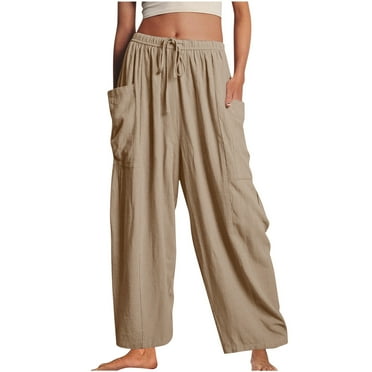 Tuphregyow Women's Cotton Linen Baggy Pants Clearance Wide Leg Casual Loose with Pockets Pants Trendy New Style High Waist Loose Wrap Pants Drawstring Outdoor Solid Khaki XL