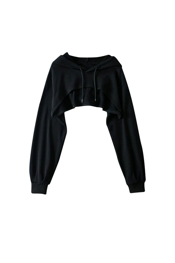 Women's Cropped Long Sleeve Pullover Lightweight Loose Plus Sized Outfits Casual Drawstring Fit Fall Sweatshirt Trendy Solid Nature Outdoor Black XL