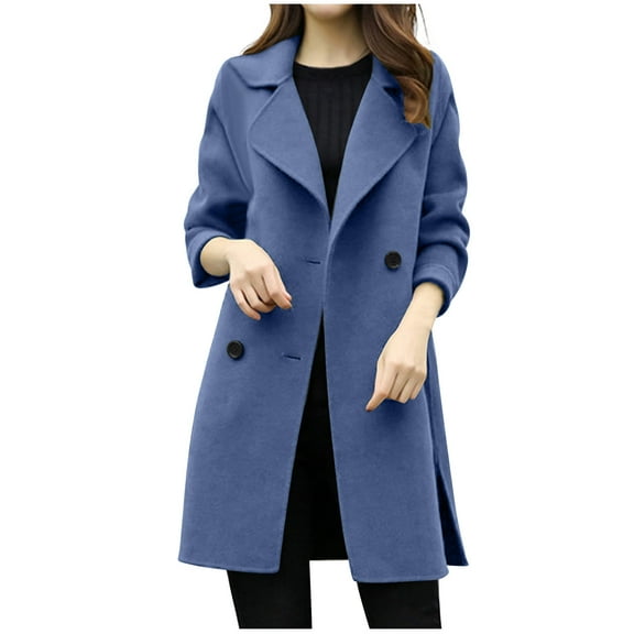 Tuphregyow Women's Double Breasted Trench Coat Classic Winter Notched Lapel Outwear Lightweight Long Fitted Trenchcoat Wool Pea Jacket Long Sleeve Solid Navy XXL