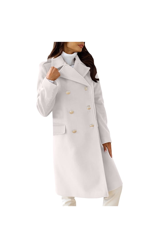 Women's Double Breasted Trench Coat Lightweight Elegan Winter Notched Lapel Outwear Long Fitted Trenchcoat Wool Pea Jacket Long Sleeve Solid Classic White XL