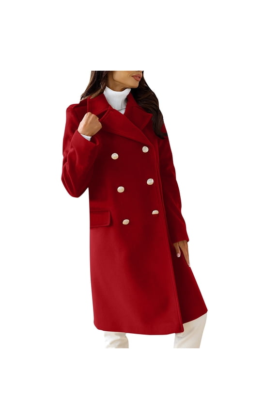 Women's Double Breasted Trench Coat Lightweight Elegan Winter Notched Lapel Outwear Long Fitted Trenchcoat Wool Pea Jacket Long Sleeve Solid Classic Wine L