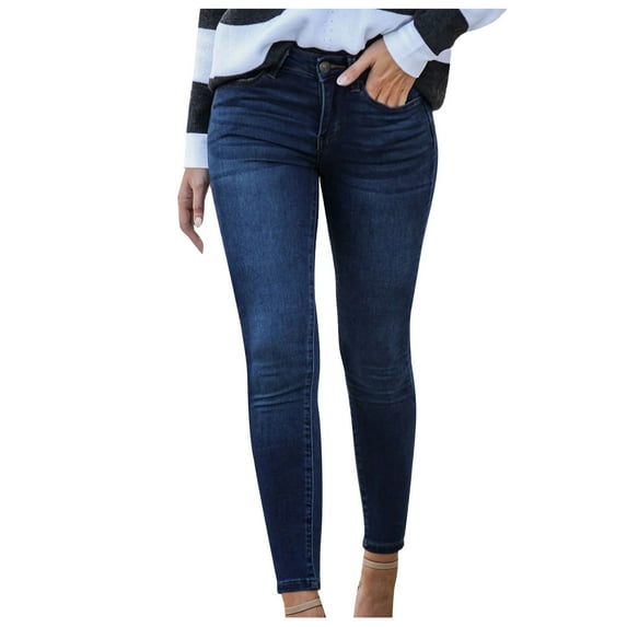 Tuphregyow Women's Elastic Office Skinny Pants Clearance Trendy Solid Button Zipper with Pockets Trousers Office Fitting Leisure Slim Leggings Pants New Style Dark Blue S