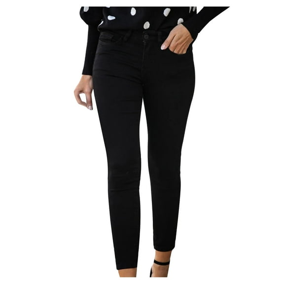 Tuphregyow Women's Elastic Office Skinny Pants Trendy Solid Button Zipper with Pockets Trousers Office Fitting Leisure Slim Leggings Pants New Style Black M