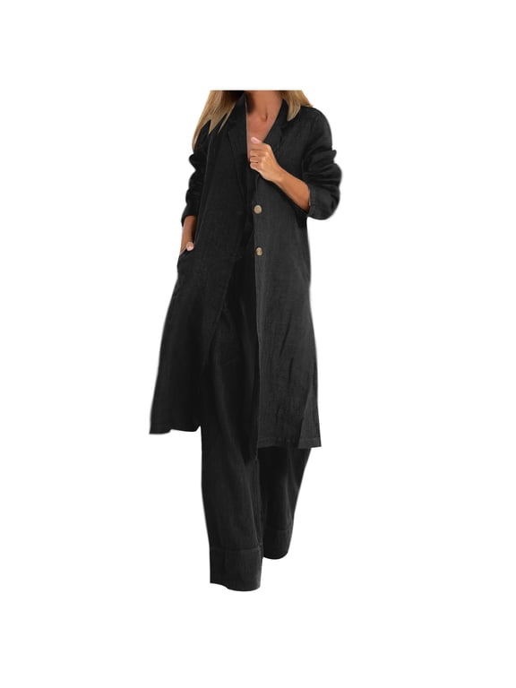 Women's Fashion Collared Duster Coat Trendy Solid Winter Loose Cotton Linen Coat Long Sleeve Dressy Cardigans Outdoor Soft Black S