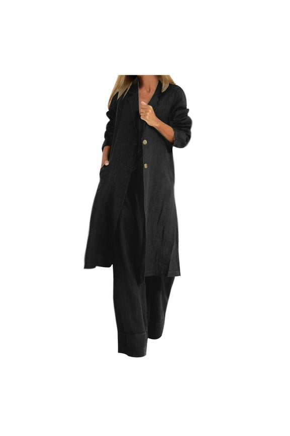 Women's Fashion Collared Duster Coat Trendy Solid Winter Loose Cotton Linen Coat Long Sleeve Dressy Cardigans Outdoor Soft Black S