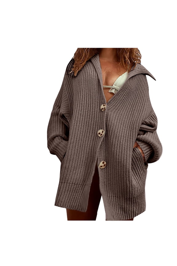 Women's Fashion Collared Duster Coat Winter Loose Cotton Linen Sweaters Trendy Soft Button Down Solid Long Sleeve Ribbed Cardigans with Pocket Coffee M