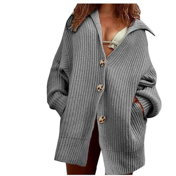 Tuphregyow Women's Fashion Collared Duster Coat Winter Loose Cotton Linen Sweaters Trendy Soft Button Down Solid Long Sleeve Ribbed Cardigans with Pocket Gray M
