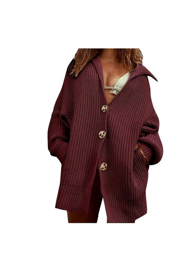 Women's Fashion Collared Duster Coat Winter Loose Cotton Linen Sweaters Trendy Soft Button Down Solid Long Sleeve Ribbed Cardigans with Pocket Wine XL