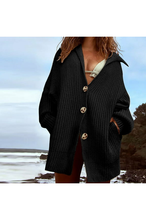 Women's Fashion Collared Duster Coat Winter Loose Cotton Linen Sweaters Trendy Soft Button Down Solid Long Sleeve Ribbed Cardigans with Pocket Black L