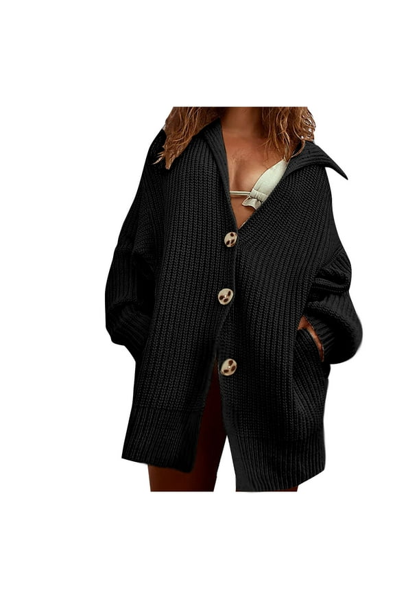 Women's Fashion Collared Duster Coat Winter Loose Cotton Linen Sweaters Trendy Soft Button Down Solid Long Sleeve Ribbed Cardigans with Pocket Black XL