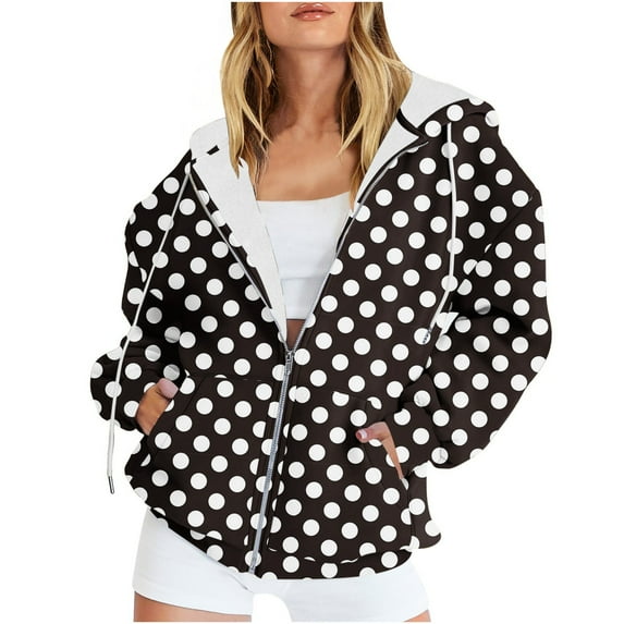 Tuphregyow Women's Fashion Zipper Packable Hoodies Polka Dots Oversized Knit with Pockets Fall Blazers Long Sleeve Drawstring Hooded Jacket Black S