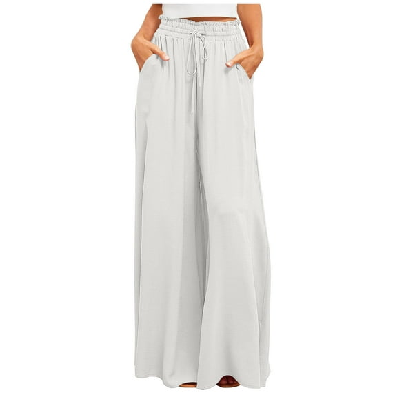 Tuphregyow Women's High Waist Baggy Wrap Pants Drawstring Fashion with Pockets Pants Trendy Fitting Pleated Wide Leg Leisure Flowy Pants New Style Solid White M