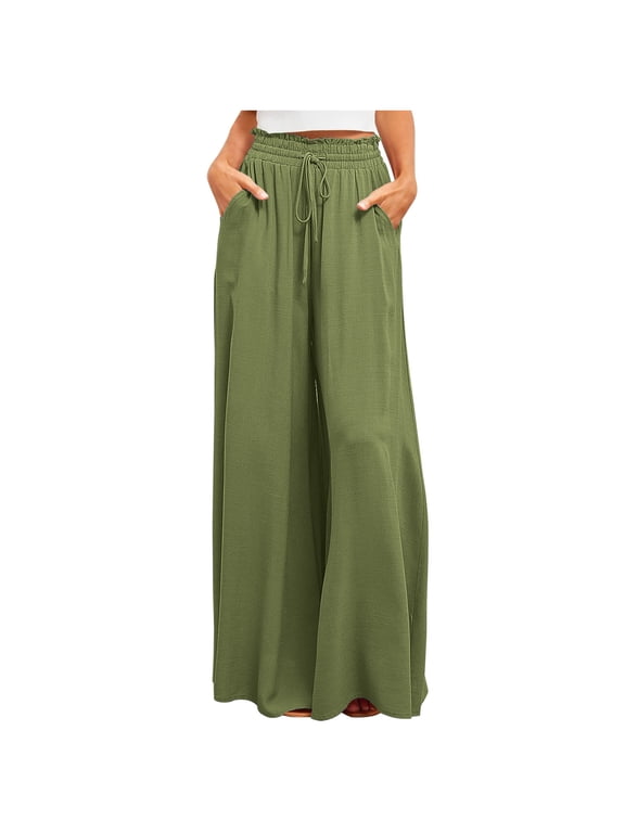 Women's High Waist Baggy Wrap Pants Drawstring Fashion with Pockets Pants Trendy Fitting Pleated Wide Leg Leisure Flowy Pants New Style Solid Army Green S