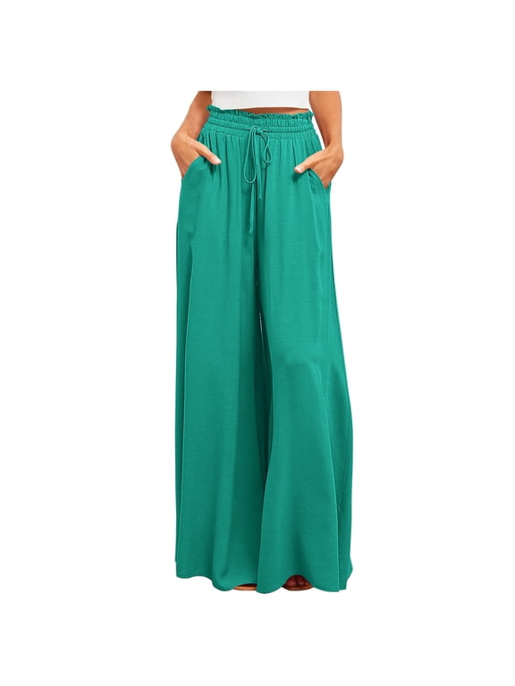 Women's High Waist Baggy Wrap Pants Drawstring Fashion with Pockets Pants Trendy Fitting Pleated Wide Leg Leisure Flowy Pants New Style Solid Green XXL