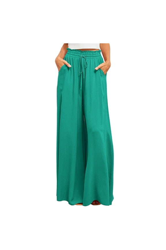Women's High Waist Baggy Wrap Pants Drawstring Fashion with Pockets Pants Trendy Fitting Pleated Wide Leg Leisure Flowy Pants New Style Solid Green XXL