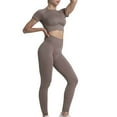 thumbnail image 1 of Tuphregyow Women's High Waist Yoga Pants Suit Short Sleeve Shirt + Pants Two Piece Set for Fashionable Casual Workouts, Soft and Stretchy Tights for Slim Brown S, 1 of 4