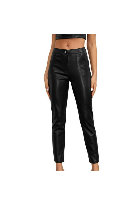 Women's High Waisted Skinny Leather Pants with Pockets, Button and Zipper Closure Lightweight Slim Fit Leggings for Fall Fashion Black L