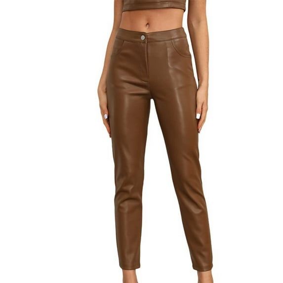 Tuphregyow Women's High Waisted Skinny Leather Pants with Pockets, Button and Zipper Closure Lightweight Slim Fit Leggings for Fall Fashion Brown L