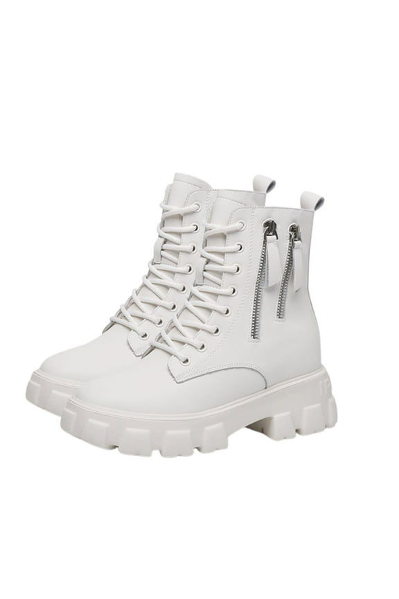 Women's Korean Style Mid Calf Boots with Increased Thick Soles and Velvet Lining, Fall/Winter Large Size Cotton Shoes White 41