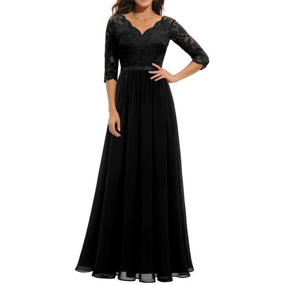 Tuphregyow Women's Lace Stitching V-neck Dress - Three-quarter Sleeves, Waist Length for an Elegant and Flattering Look Black L