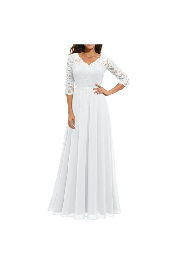 Women's Lace Stitching V-neck Dress - Three-quarter Sleeves, Waist Length for an Elegant and Flattering Look White L