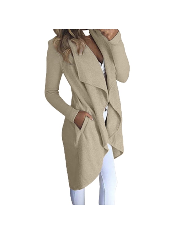 Women's Leisure Collared Duster Coat Solid Dressy with Pockets Fall Suit Coat Lightweight Office Fashion Long Sleeve Cardigan New Style Trendy Khaki S
