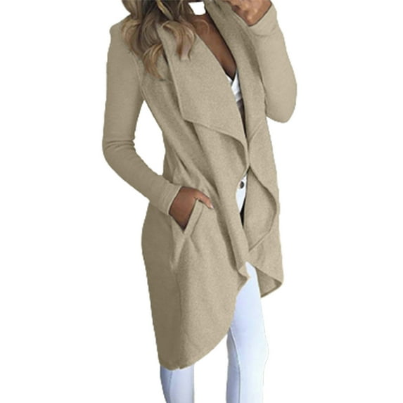 Tuphregyow Women's Leisure Collared Duster Coat Solid Dressy with Pockets Fall Suit Coat Lightweight Office Fashion Long Sleeve Cardigan New Style Trendy Khaki M