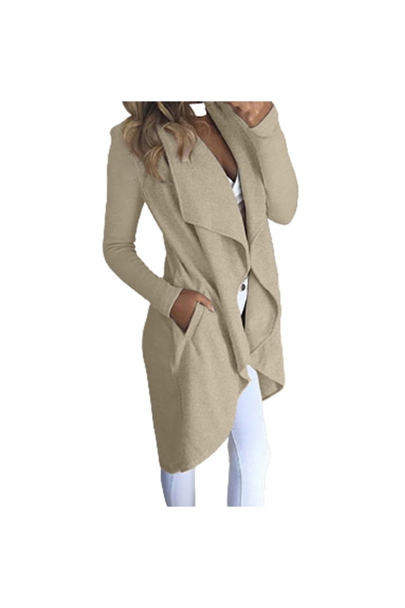 Women's Leisure Collared Duster Coat Solid Dressy with Pockets Fall Suit Coat Lightweight Office Fashion Long Sleeve Cardigan New Style Trendy Khaki M
