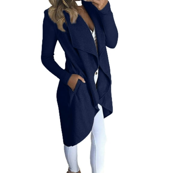 Tuphregyow Women's Leisure Collared Duster Coat Solid Dressy with Pockets Fall Suit Coat Lightweight Office Fashion Long Sleeve Cardigan New Style Trendy Blue L
