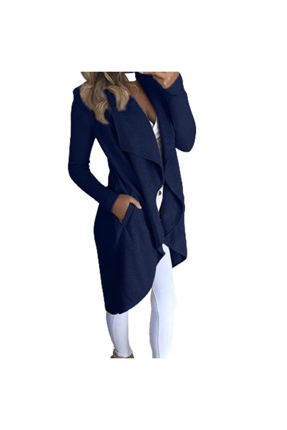 Women's Leisure Collared Duster Coat Solid Dressy with Pockets Fall Suit Coat Lightweight Office Fashion Long Sleeve Cardigan New Style Trendy Blue L