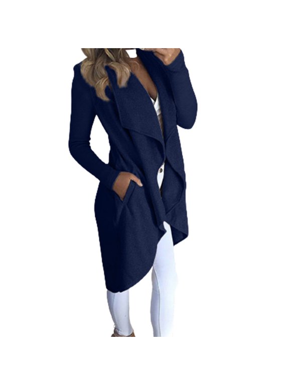 Women's Leisure Collared Duster Coat Solid Dressy with Pockets Fall Suit Coat Lightweight Office Fashion Long Sleeve Cardigan New Style Trendy Blue L