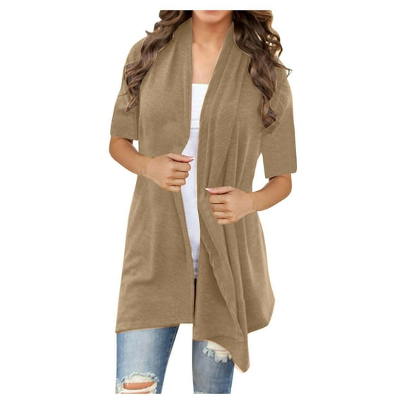 Tuphregyow Women's Leisure Fit Long Sleeve Crochet Cardigans Trendy Slouchy New Style Solid Baggy Elastic Casual Open Front Sweater Loose Comfy Knit Outerwear Khaki M