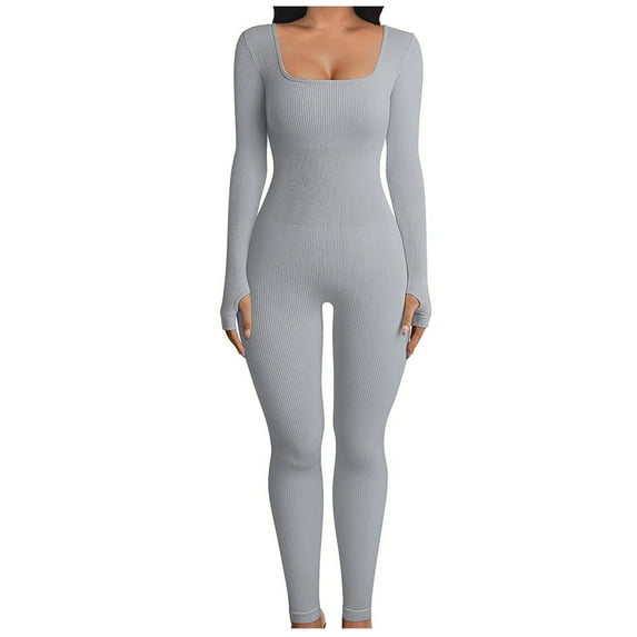 Tuphregyow Women's Leisure Jumpsuits Lounge Solid Color Trendy Stretch Relaxed Fall Jumpsuits Casual Dressy High Waist Jumpsuit Romper Deep Crew Neck Long Sleeve Gray L