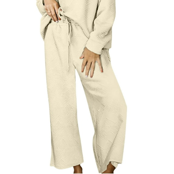 Tuphregyow Women's Leisure Set with Loose Solid Color Texture Drawstring Sports Pants - Perfect for Summer Wear, Stretchy, Elastic, and Lightweight in Regular Fit for Casual Wear Beige S