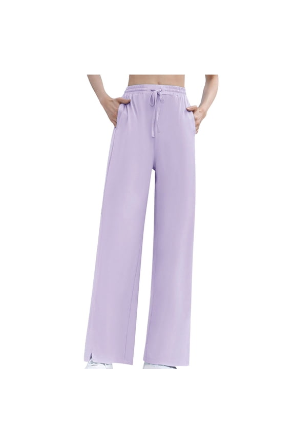 Women's Leisure Straight Leg Drawstring Pants Nylon Loose Trousers Travel Hiking Outdoor Solid Trendy High Waist Fashion Slit with Pockets Pants New Style Purple XL
