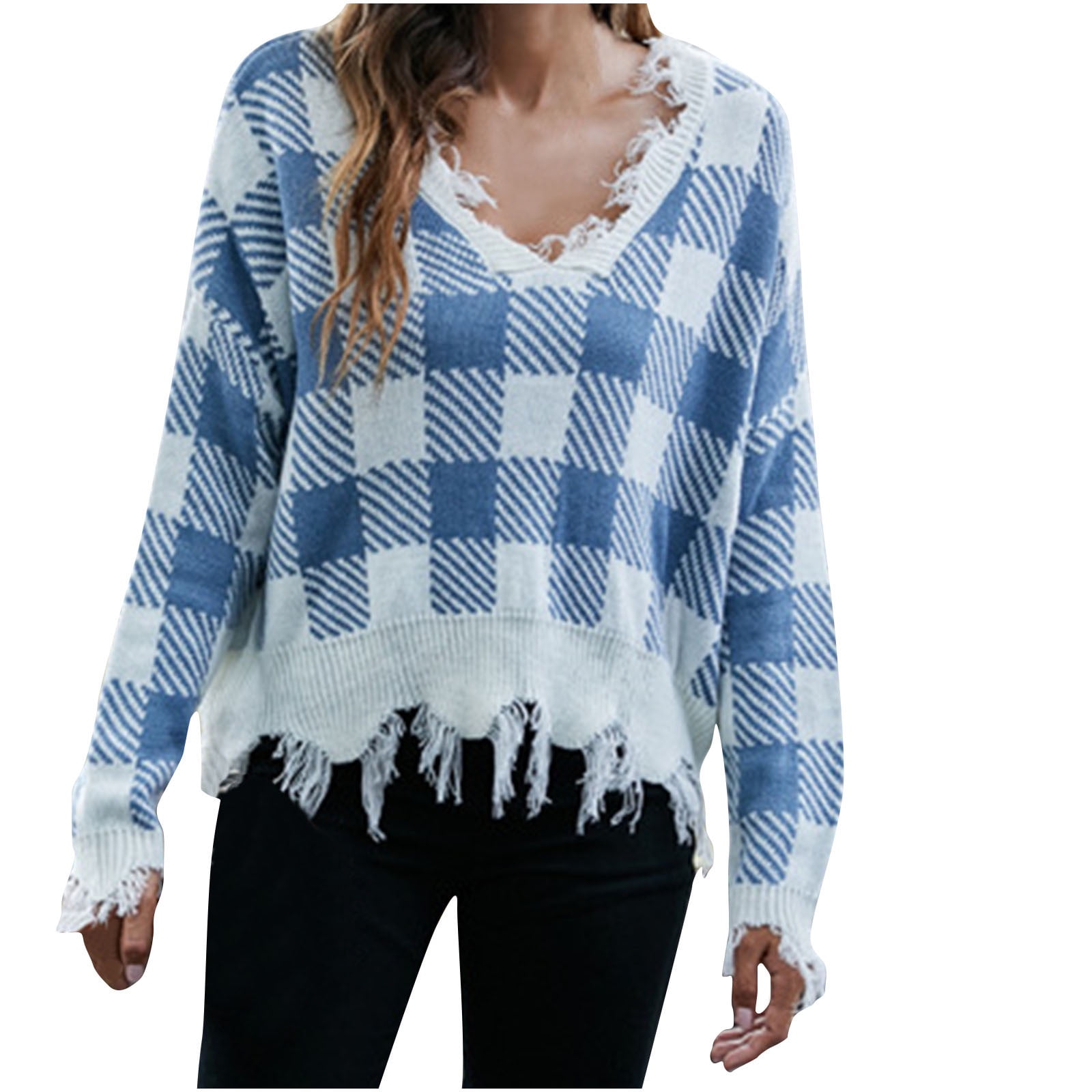Tuphregyow Women s Long Sleeve Slouchy Sweaters Clearance Trendy Fashion Cute Oversized Tops Stretchy V Neck Knit Pullover Plaid Print Blue M Walmart