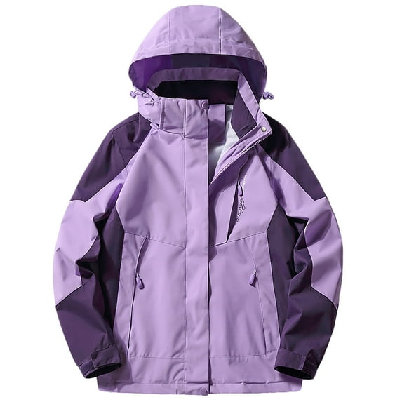 Tuphregyow Women's Loose Oversized Thicken Windbreaker Outdoor Leisure Drawstring Hooded Outerwear Long Sleeve with Pockets Hiking Blazer Lightweight Zip Down Casual Solid Purple M
