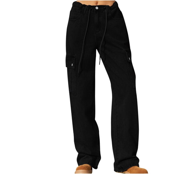 Tuphregyow Women's Mid Rise Drawstring Tight Pants with Pockets and Button Detail Slim Straight Leg Jeans for Casual Wear Black L