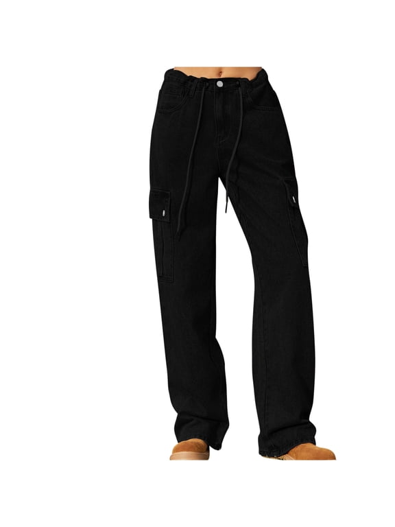Women's Mid Rise Drawstring Tight Pants with Pockets and Button Detail Slim Straight Leg Jeans for Casual Wear Black XXL