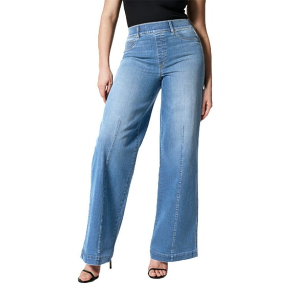 Tuphregyow Women's Mid-Waist Wide Leg Denim Pants with High Elasticity and Elastic Waist, Washed Pockets for Business Casual Look, Lightweight and Regular Fit with Relaxed Light Blue XL