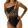 thumbnail image 1 of Tuphregyow Women's Nylon Swimwear Color Block Print Breathable One Shoulder One Piece Swimsuit Cutout Bathing Suits Low Back Plunge Trendy New Style Gold M, 1 of 6