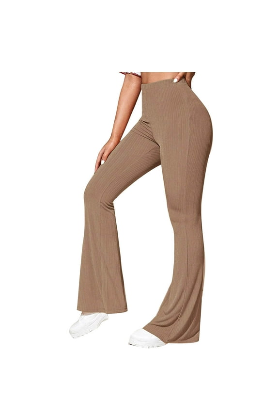 Women's Slim Stretch Flare Pants Solid Trendy Wide Leg Fitting Yoga Pants Workout Athletic Training Mid Waist Elastic Trousers New Style Coffee L