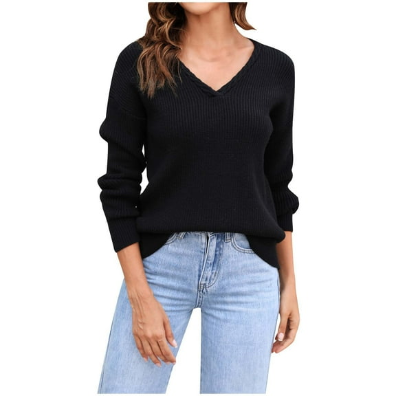 Tuphregyow Women's Slouchy Long Sleeve Crochet Sweaters Leisure Baggy Cute Sweater Tops Trendy Solid Comfy Relaxed Fashion V Neck Pullover Black M