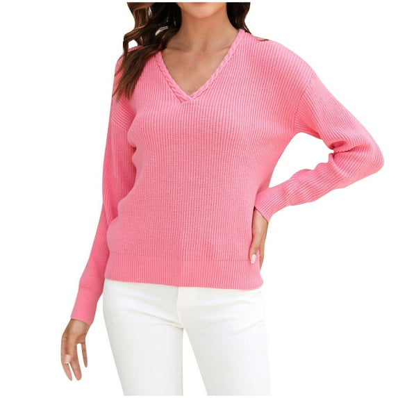Tuphregyow Women's Slouchy Long Sleeve Crochet Sweaters Leisure Baggy Cute Sweater Tops Trendy Solid Comfy Relaxed Fashion V Neck Pullover Pink S