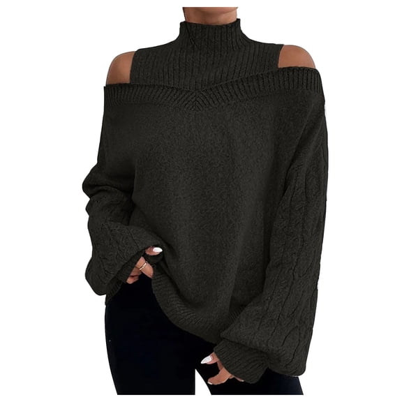 Tuphregyow Women's Slouchy Long Sleeve Crochet Sweaters Trendy Solid Loose Relaxed Off Shoulder Leisure Baggy Cute Sweater Tops Fashion Turtle Neck Pullover Black M