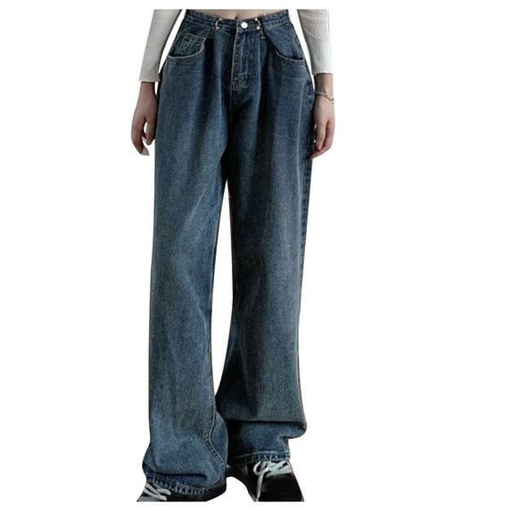 Tuphregyow Women's Straight Leg Cargo Pants Classic Wide Leg Baggy Casual Jeans Pants with Pockets High Waist Button Denim Pants Work Leisure New Style Solid Trendy Breathable Blue L