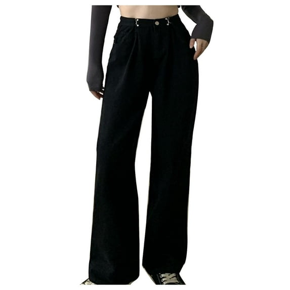 Tuphregyow Women's Straight Leg Cargo Pants Classic Wide Leg Baggy Casual Jeans Pants with Pockets High Waist Button Denim Pants Work Leisure New Style Solid Trendy Breathable Black S