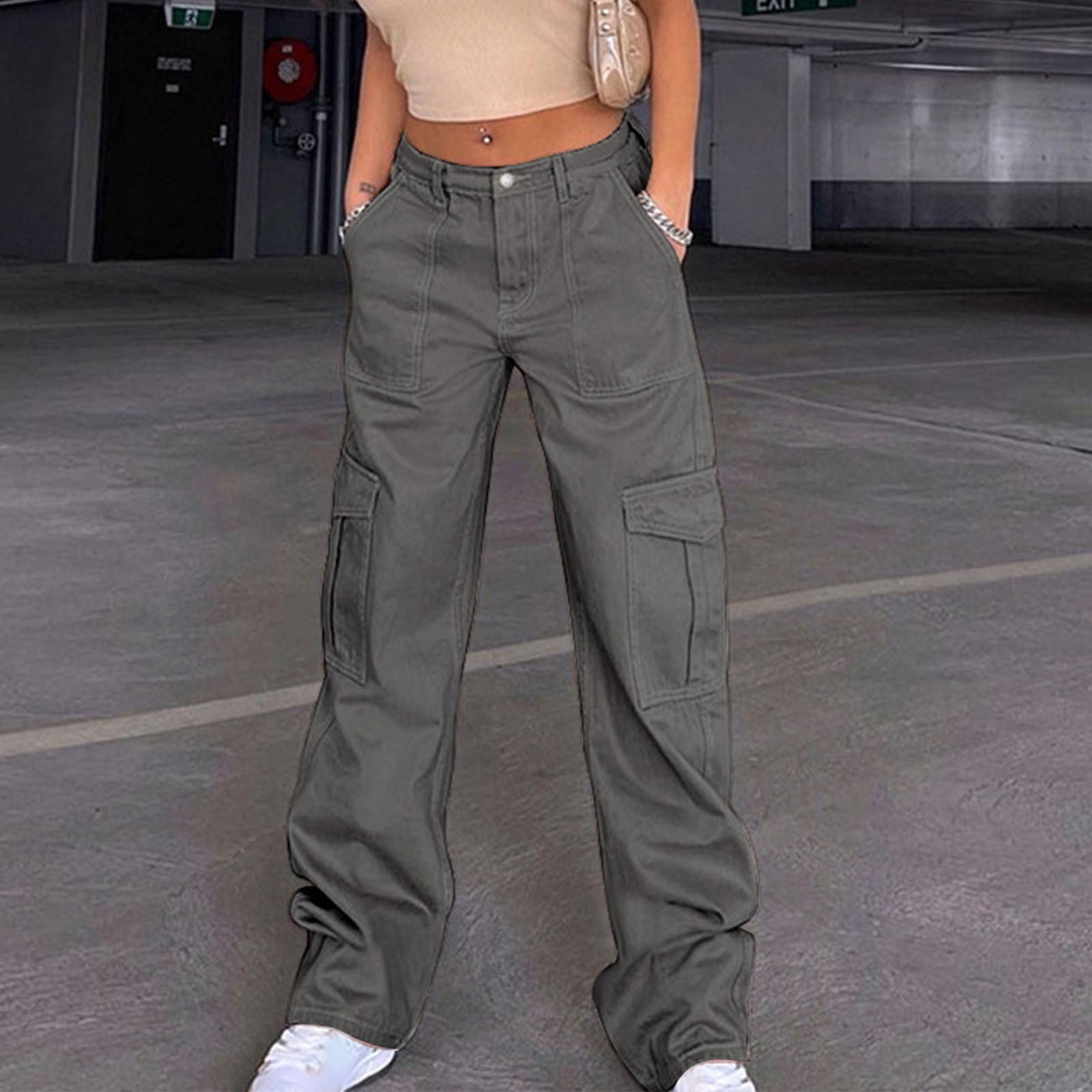 Big Pockets Cargo Pants Women Streetwear Fashion Joggers Female High Waist  Pencil Casual Trousers Girl Retro Vintage White Black