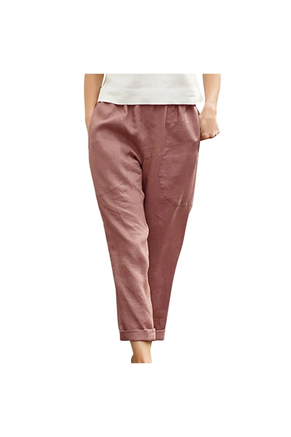 Women's Straight Leg Cotton Linen Pants Outdoor Mid Waist Leisure with Pockets Pants Trendy Wide Leg Fashion Casual Pants New Style Solid Breathable Classic Red S