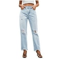 thumbnail image 1 of Tuphregyow Women's Straight Leg Holes Denim Pants New Style Trendy Solid Elegant Slim Elastic with Pockets Trousers Hiking Walk Mid Waist Button Jeans Pants Light Blue XL, 1 of 7